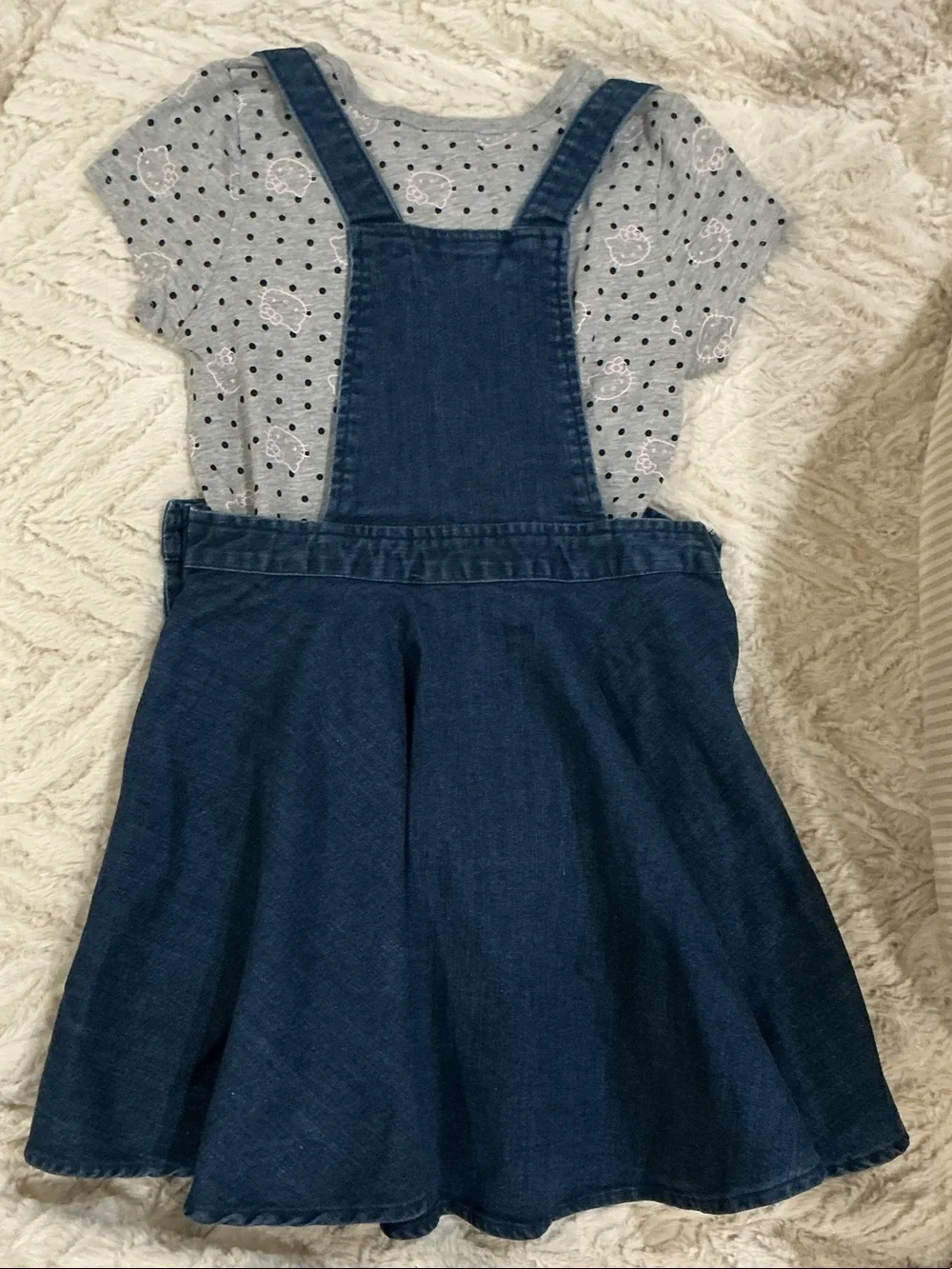 Hello Kitty Denim Pinafore Jumper Skirt with Grey Polka Dot Tee